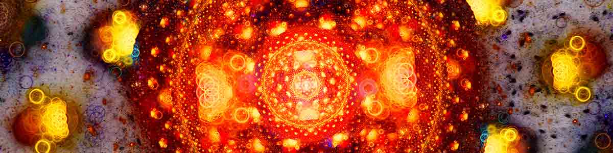 Imagem celular microscópica mostrando uma estrutura central vermelho-alaranjada brilhante com organelas circulares amarelas brilhantes espalhadas por toda parte, cercada por material celular cinza-púrpura com formações semelhantes a bolhas.