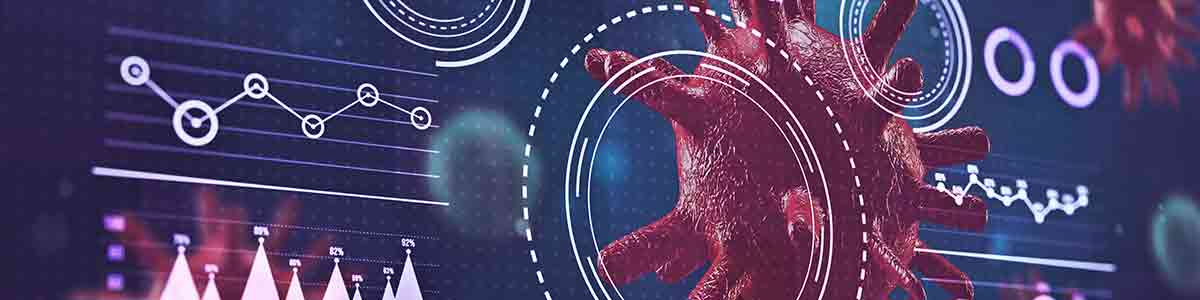 Interface médica digital mostrando um coração humano representado em 3D em vermelho, sobreposto a elementos de visualização de dados em branco, incluindo gráficos, diagramas, diagramas circulares e linhas de conexão em um fundo azul escuro.