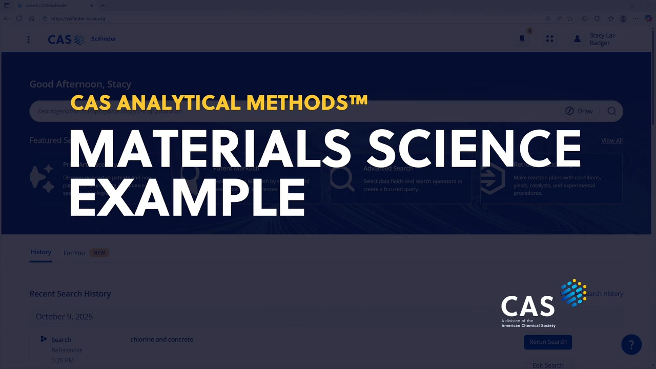 Screenshot of CAS SciFinder interface with overlaid text "CAS Analytical Methods™ Materials Science Example"