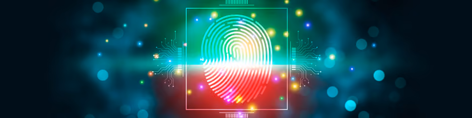Colorful fingerprint inside a glowing square with digital circuit patterns and light effects.