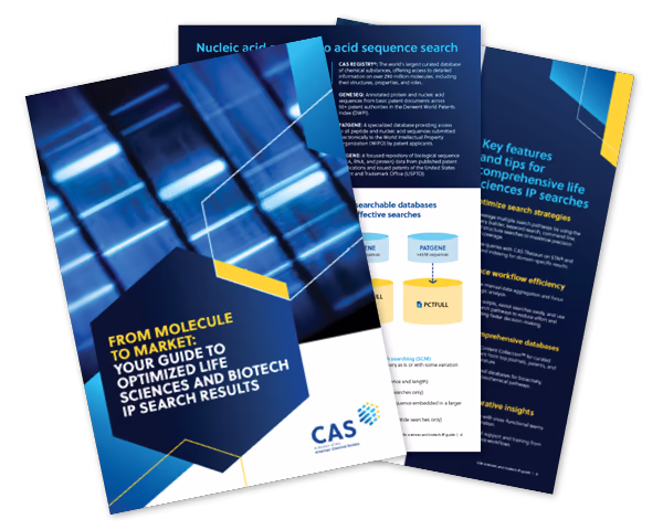 CAS Life Science and Biotech IP Search Guide showing cover and interior pages with information on nucleic acid sequence search and key features for optimizing patent search results