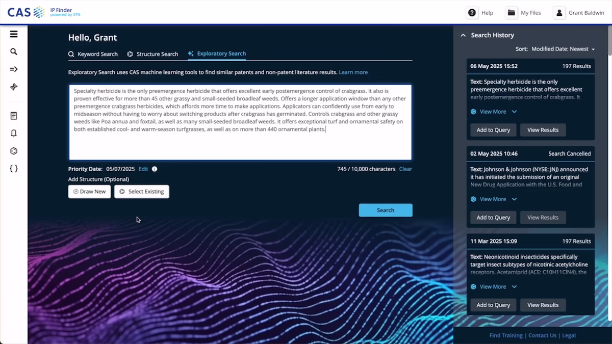 CAS IP Finder exploratory search interface with a text block about specialty herbicides, options to add a chemical structure, and search history panel showing previous searches.