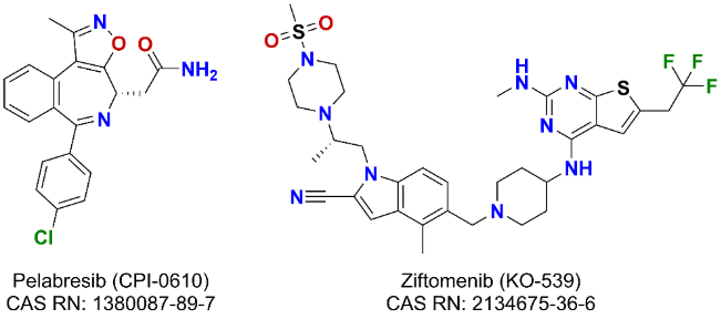 Chemical structures of two epigenetic drug candidates: Pelabresib (CPI-0610), a BET inhibitor with CAS RN 1380087-89-7, featuring a chlorinated aromatic ring; and Ziftomenib (KO-539), a menin inhibitor with CAS RN 2134675-36-6, containing multiple nitrogen heterocycles and trifluoromethyl groups.