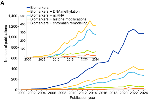 Line chart showing publications on biomarkers in epigenetics from 2000–2024. Biomarkers alone (blue) rise sharply after 2016, peaking near 1,200 in 2021. Biomarkers with DNA methylation (yellow) and ncRNA (teal) follow, reaching ~500 and ~400 respectively. Histone modifications and chromatin remodeling remain below 100. Inset chart mirrors trends on smaller scale.