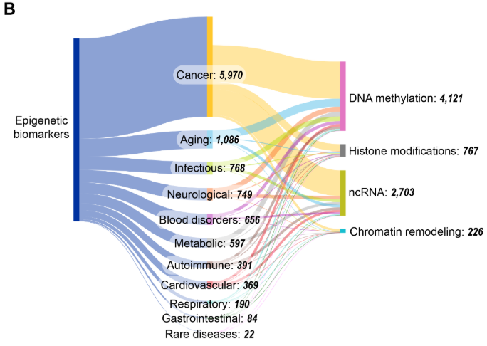Sankey diagram showing epigenetic biomarkers linked to disease areas and mechanisms. Cancer dominates with 5,970 publications, followed by aging (1,086), infectious (768), neurological (749), and others. DNA methylation leads with 4,121 papers, ncRNA with 2,703, histone modifications 767, and chromatin remodeling 226.