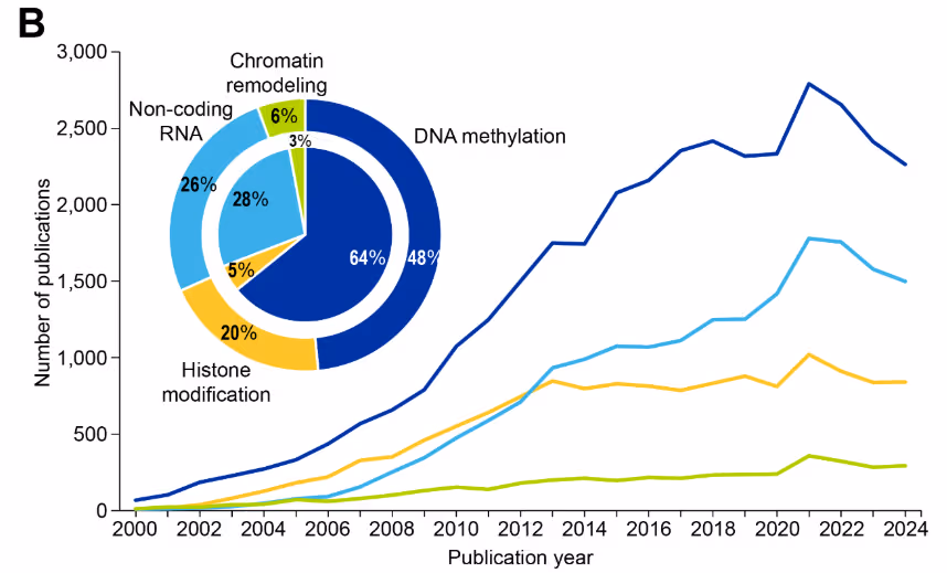 Line chart showing publication trends for epigenetic mechanisms from 2000-2024, with DNA methylation leading (48%), followed by histone modification, non-coding RNA, and chromatin remodeling. Includes pie chart showing relative proportions.