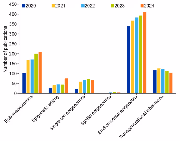 Grouped bar chart showing publication counts for emerging epigenetics subfields (2020-2024): epitranscriptomics, epigenetic editing, single-cell epigenomics, spatial epigenomics, environmental epigenetics, and transgenerational inheritance.