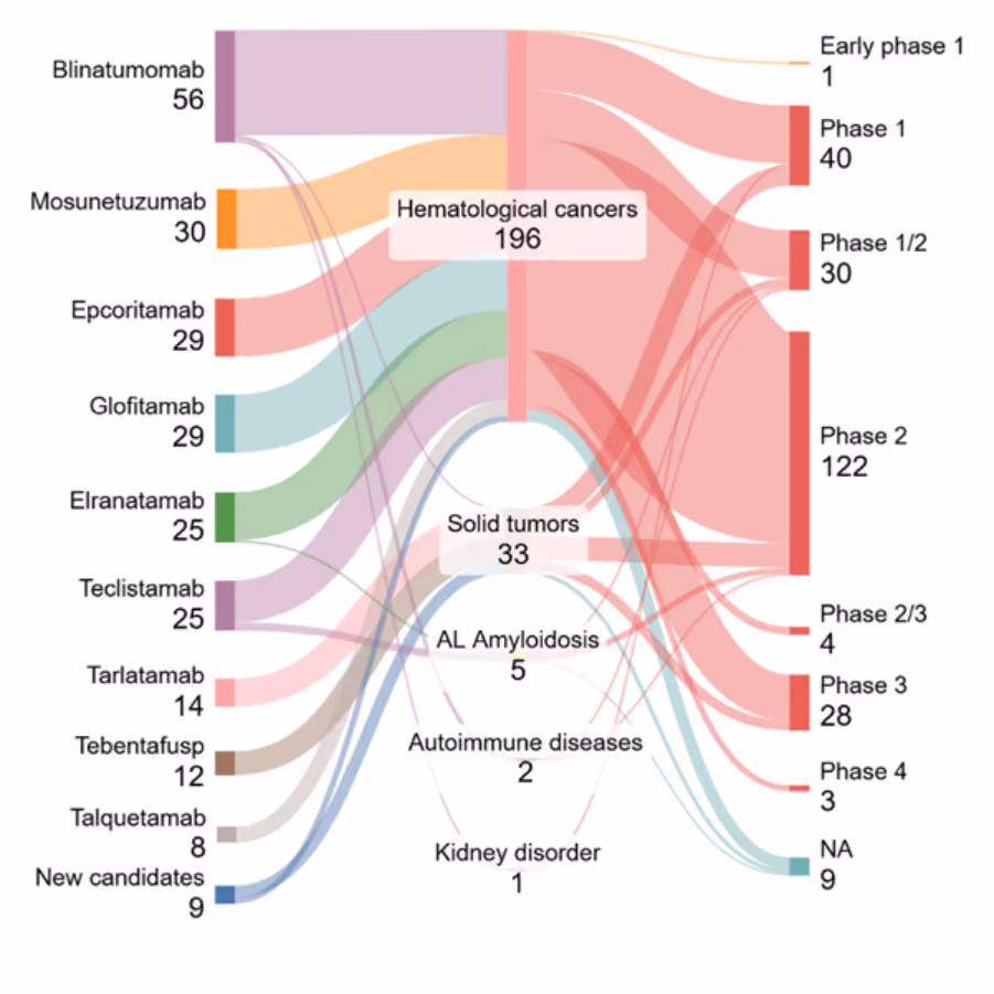Sankey diagram showing counts of T‑cell engager drugs flowing from individual agents on the left into major disease areas—hematological cancers, solid tumors, AL amyloidosis, autoimmune diseases, and kidney disorders—and then into clinical trial phases, with most candidates concentrated in hematologic cancers and Phase 2.