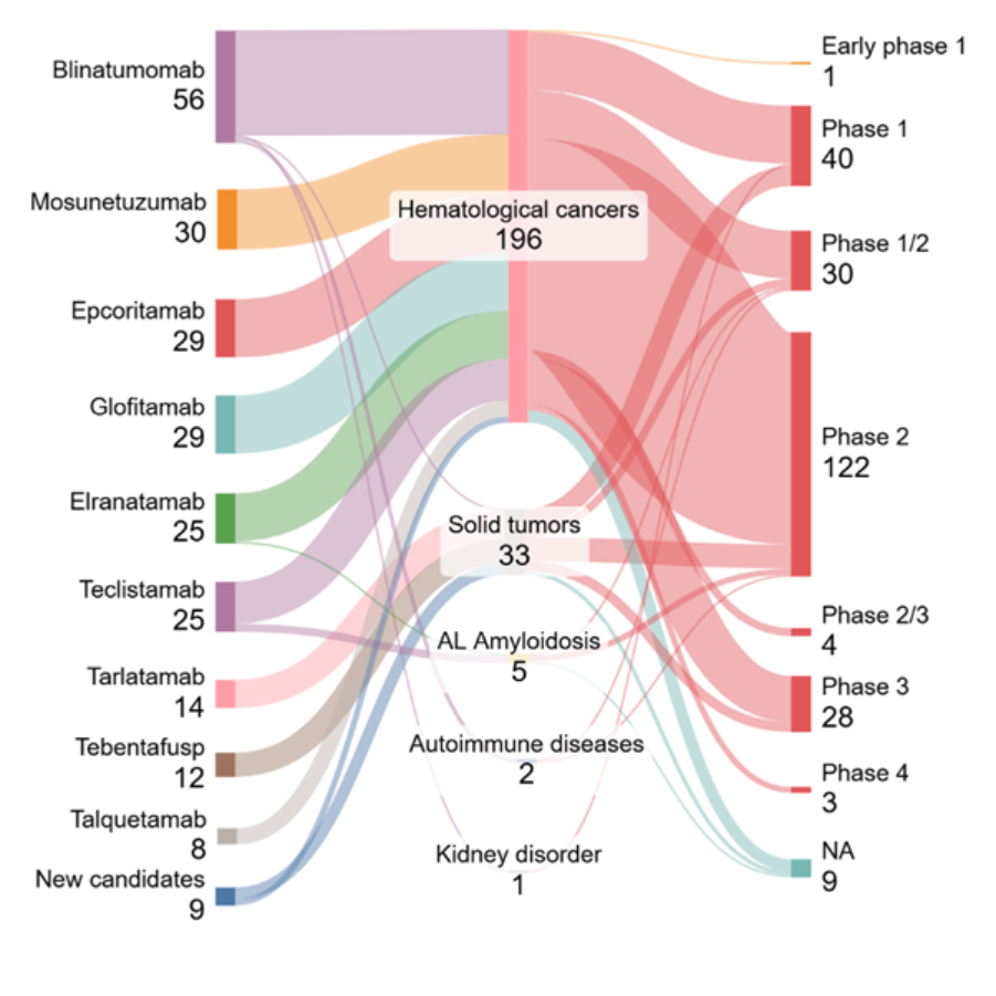 Sankey diagram showing counts of T‑cell engager drugs flowing from individual agents on the left into major disease areas—hematological cancers, solid tumors, AL amyloidosis, autoimmune diseases, and kidney disorders—and then into clinical trial phases, with most candidates concentrated in hematologic cancers and Phase 2.