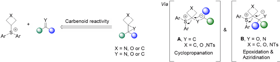 Scheme 1A & 1B — Synthesis approaches Reaction scheme comparing traditional synthesis routes for spiro[2.3]hexanes with a novel modular approach using four-membered-ring sulfonium salts via Johnson-Corey-Chaykovsky-type reaction.