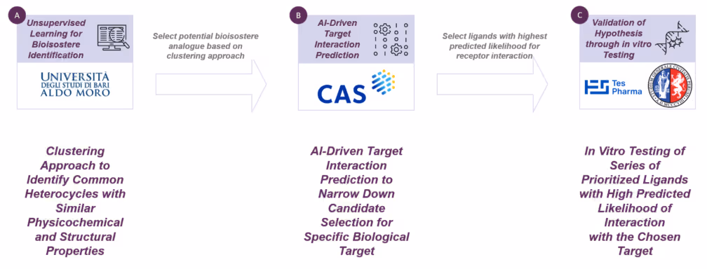 Scheme 3 — Three-step in silico workflow Flowchart depicting a three-step bioisostere identification workflow: clustering-based physicochemical analysis, AI-driven target-ligand interaction prediction using CAS BioFinder, and in vitro validation.