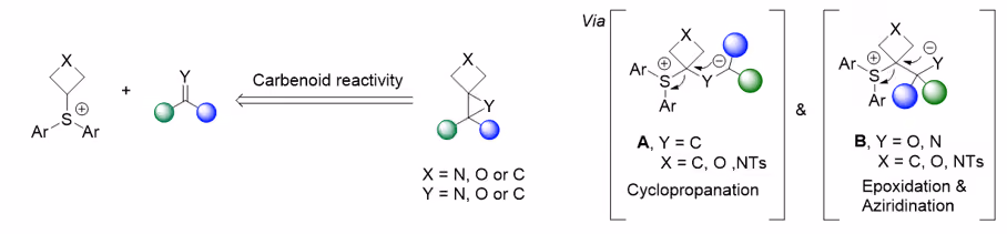 Scheme 1A & 1B — Synthesis approaches Reaction scheme comparing traditional synthesis routes for spiro[2.3]hexanes with a novel modular approach using four-membered-ring sulfonium salts via Johnson-Corey-Chaykovsky-type reaction.