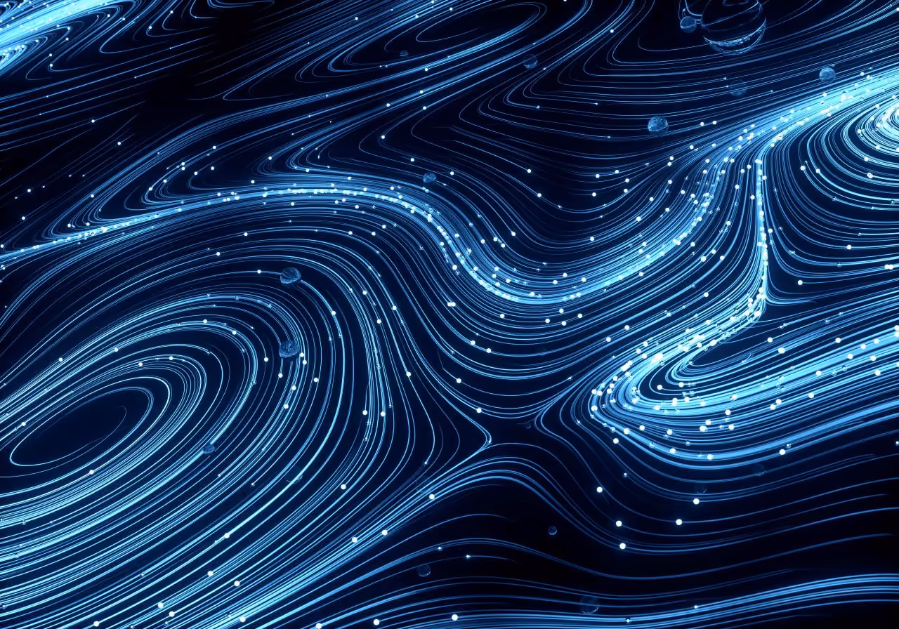 Blue light trails with glowing dots flowing in curved, wave-like patterns on a dark background.