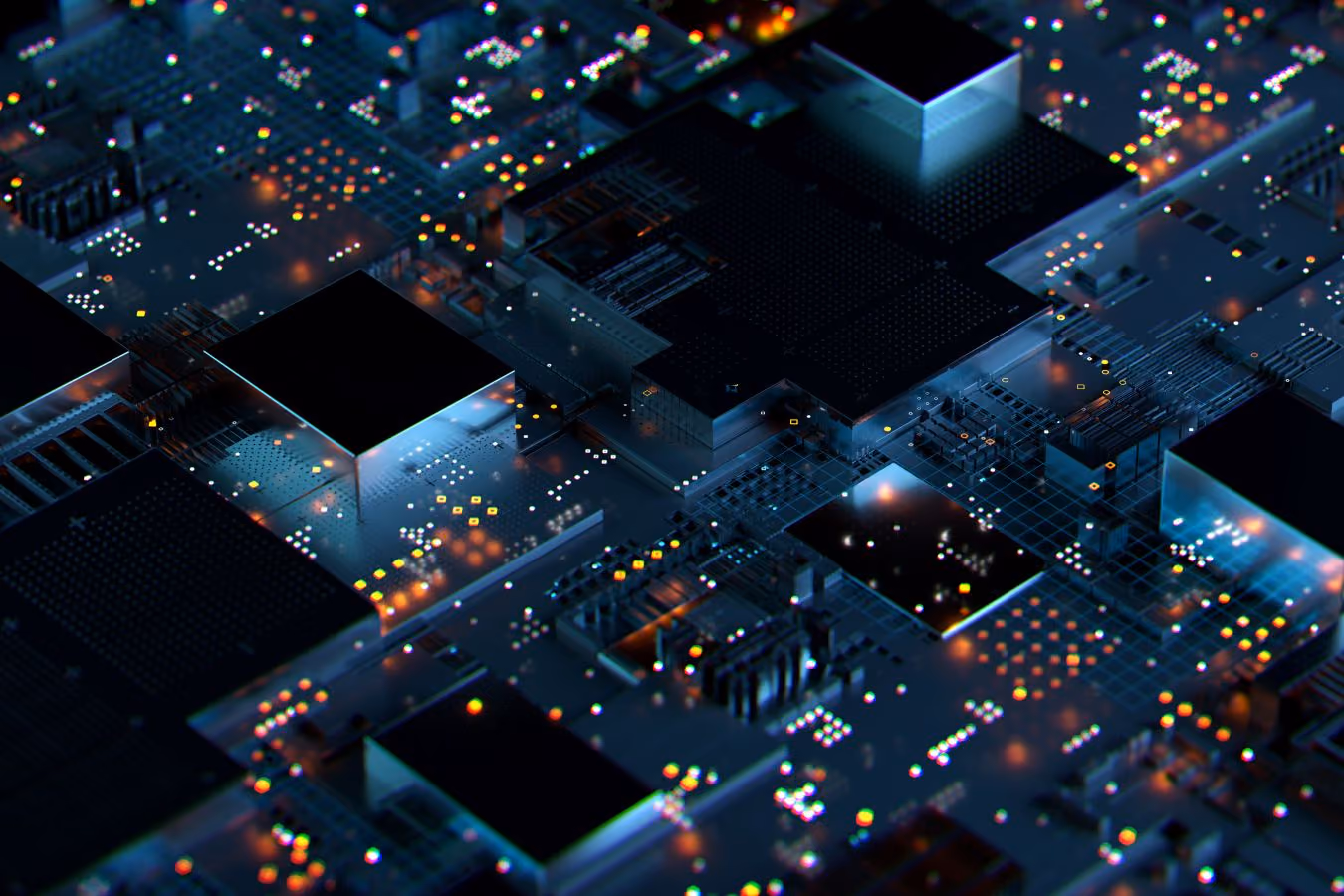 Close-up of a dark circuit board with glowing orange, white, and yellow lights and raised black chips.