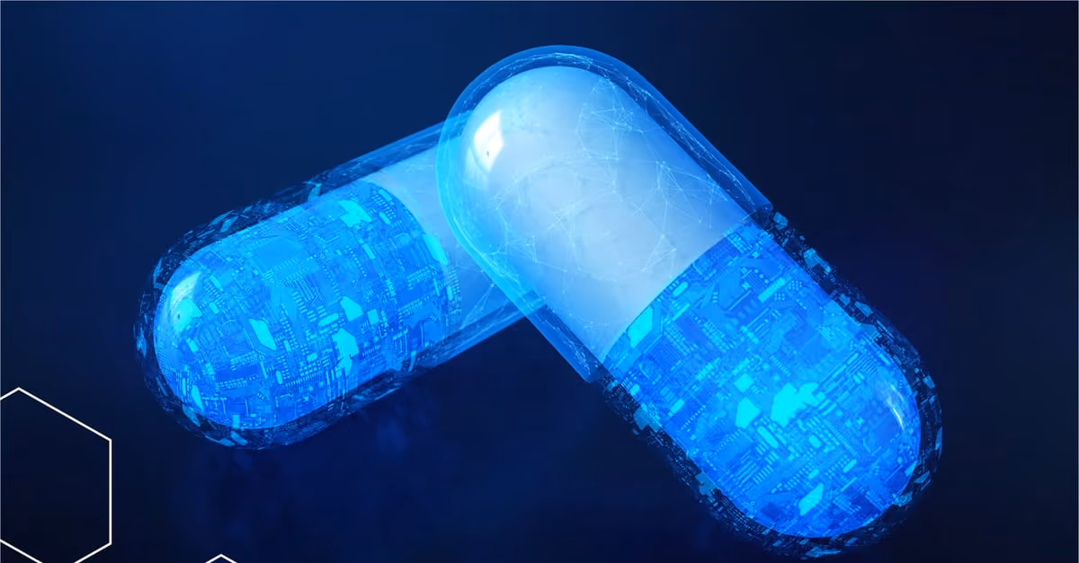 Two translucent capsules with blue circuitry patterns on a dark blue background.
