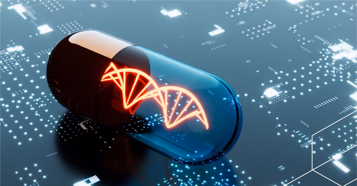 Capsule pill with glowing red DNA helix inside on a digital circuit board background.