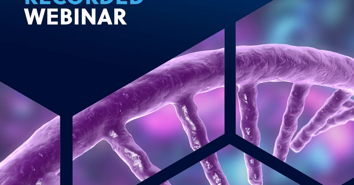 Close-up of a purple DNA double helix with a blue and purple blurred background.