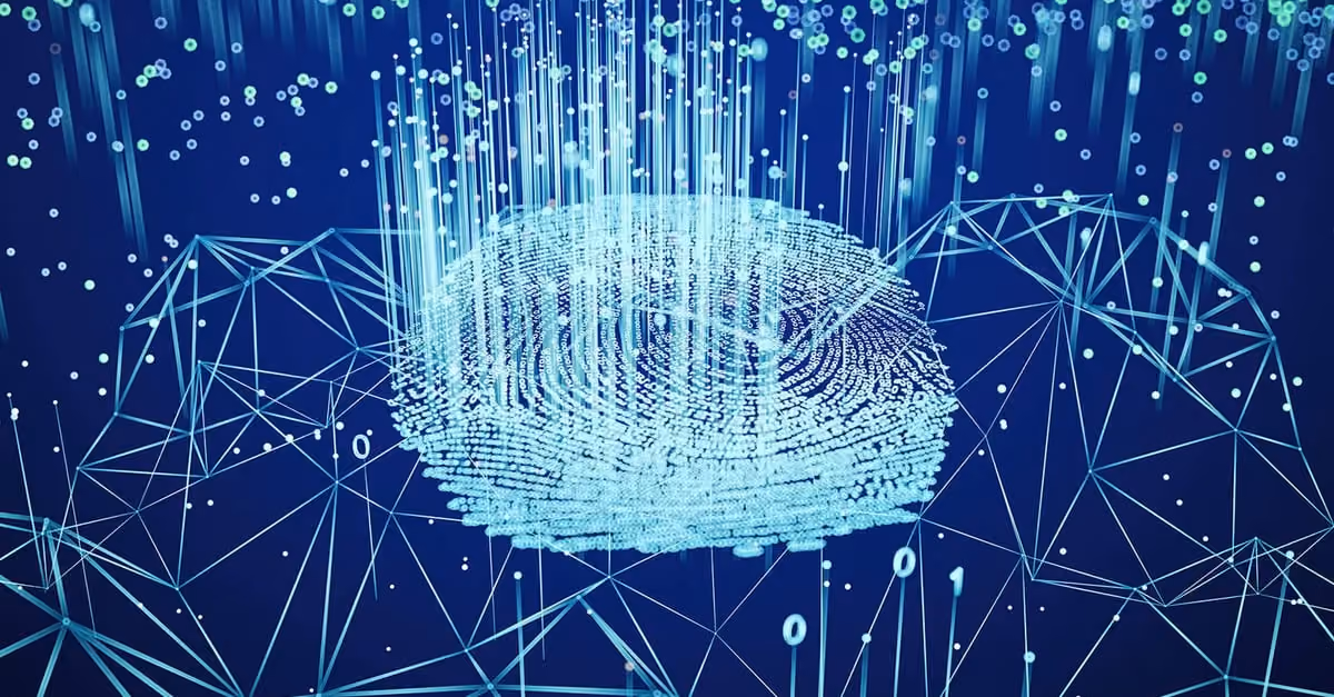 Digital fingerprint composed of glowing binary code and lines with a blue digital network background.