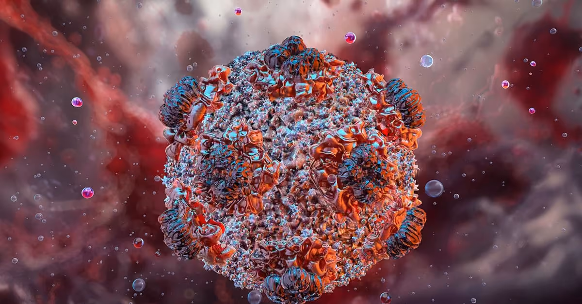 Close-up 3D rendering of a virus particle with textured surface and spike-like structures in a fluid environment.