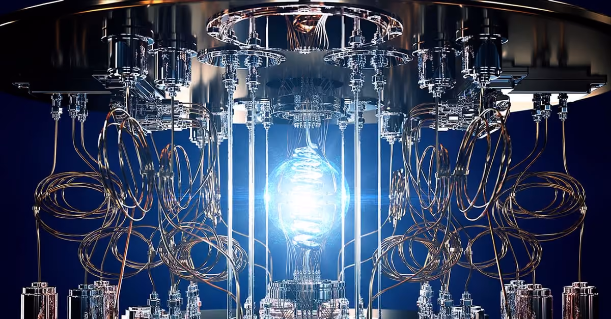 Close-up of a complex quantum computer processor with reflective metal parts and glowing center.