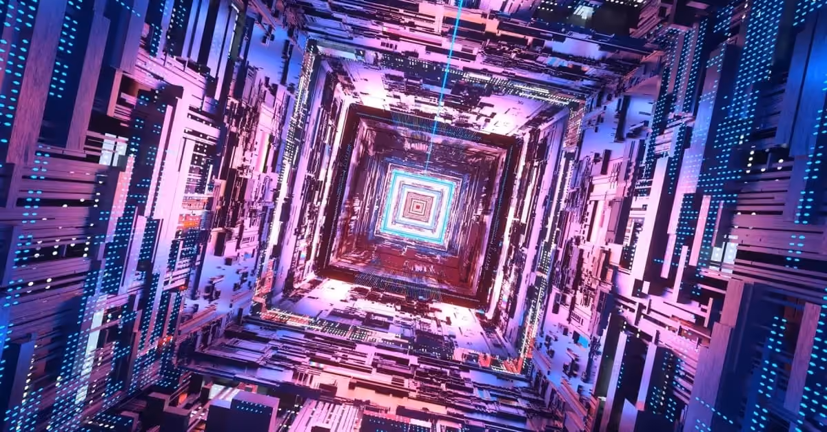 Abstract digital tunnel with vibrant purple and blue circuit-like patterns converging to a glowing center.