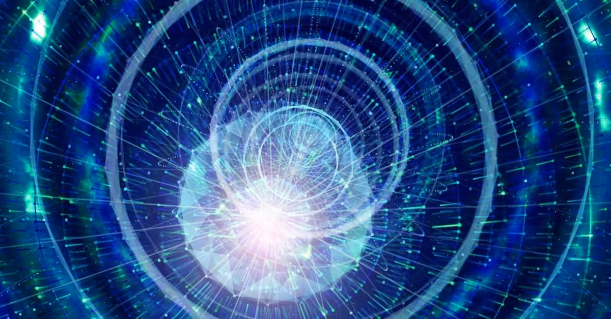 Glowing geometric human head with concentric circles and digital light rays on dark blue background.