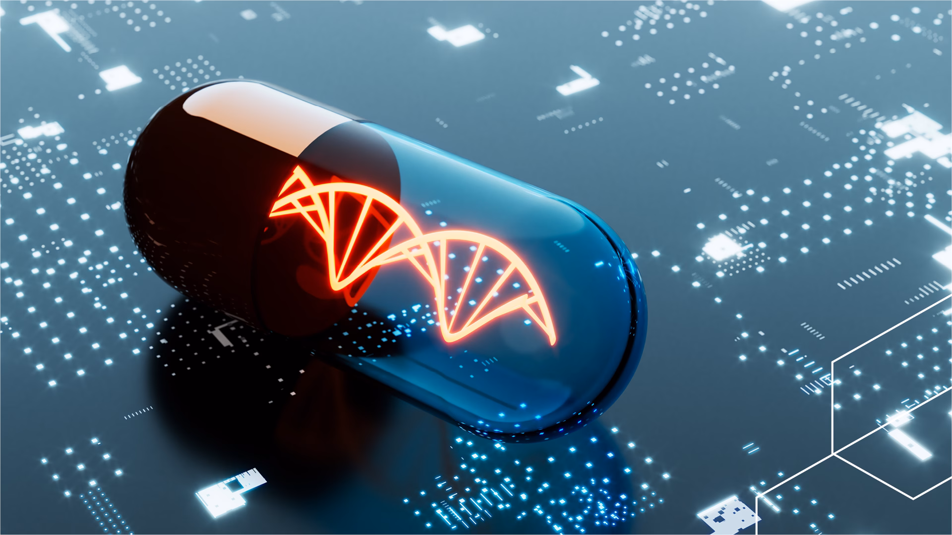 Pharmaceutical capsule containing a glowing orange DNA helix on a dark circuit board background.