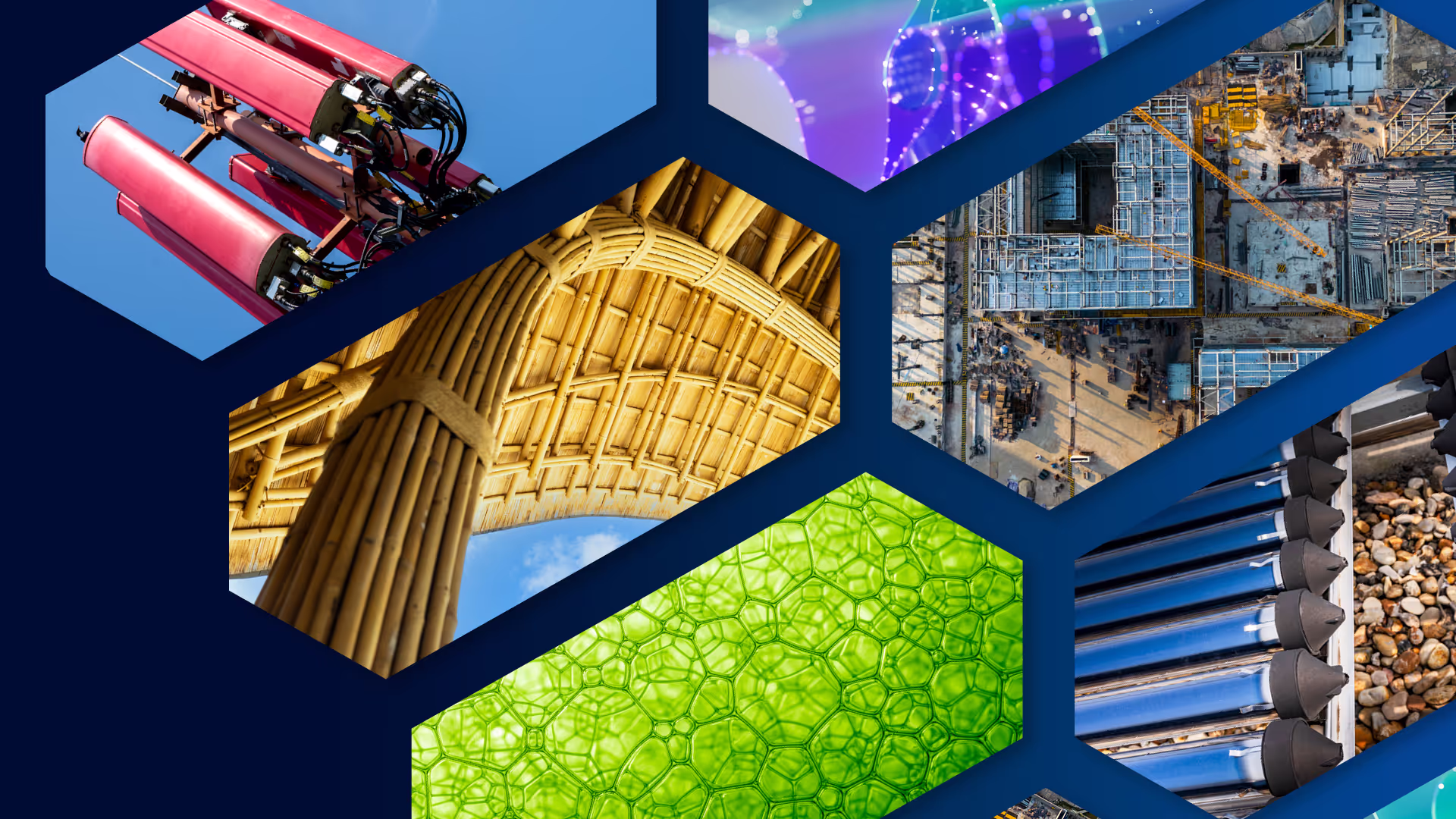 Hexagonal collage of materials science: batteries, architecture, crops and manufacturing.