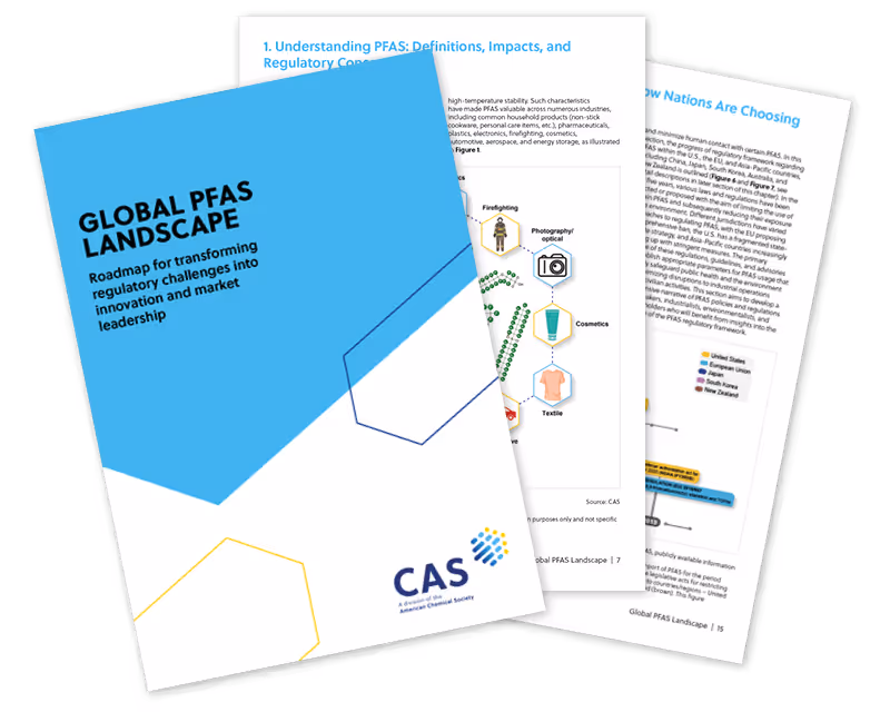 CAS report 'Global PFAS Landscape' shown as layered pages with a blue cover.