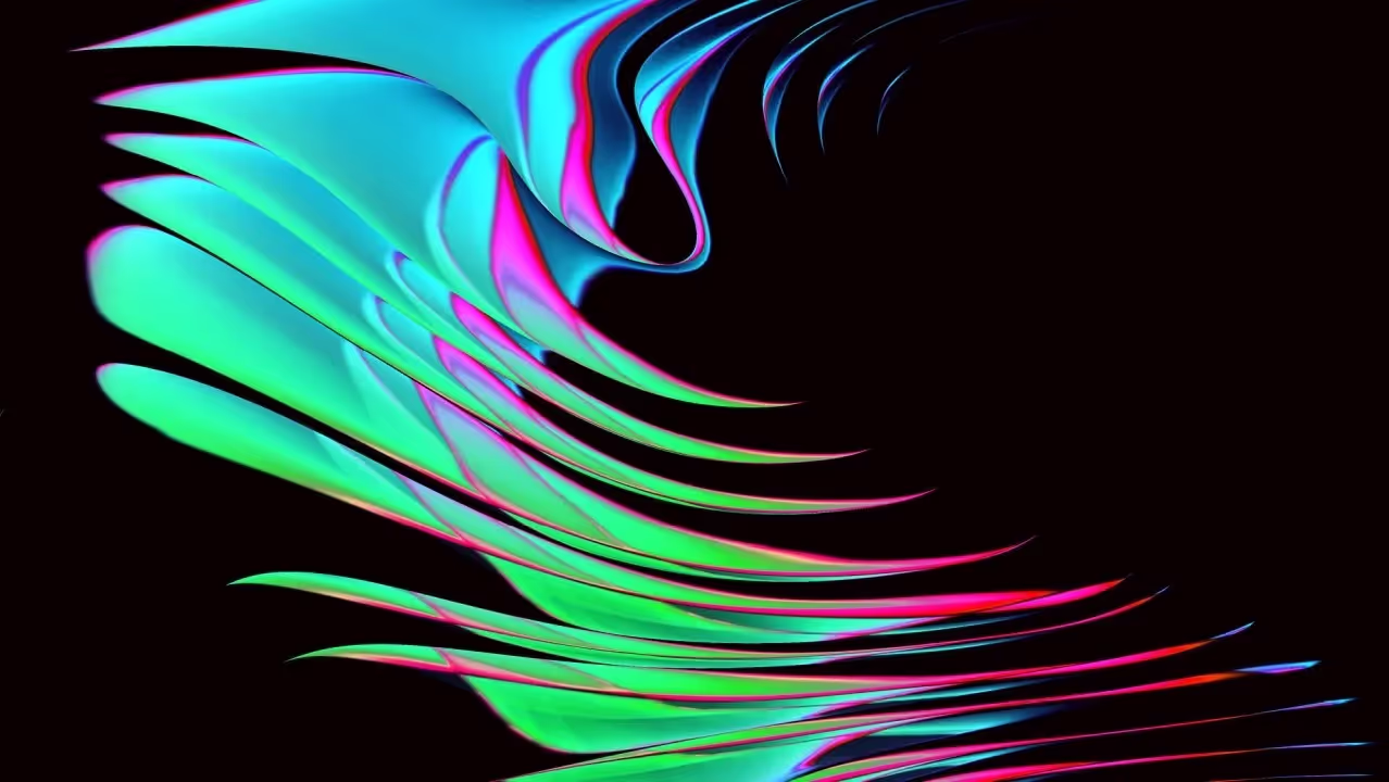 Green and pink light trails curving across a black background.