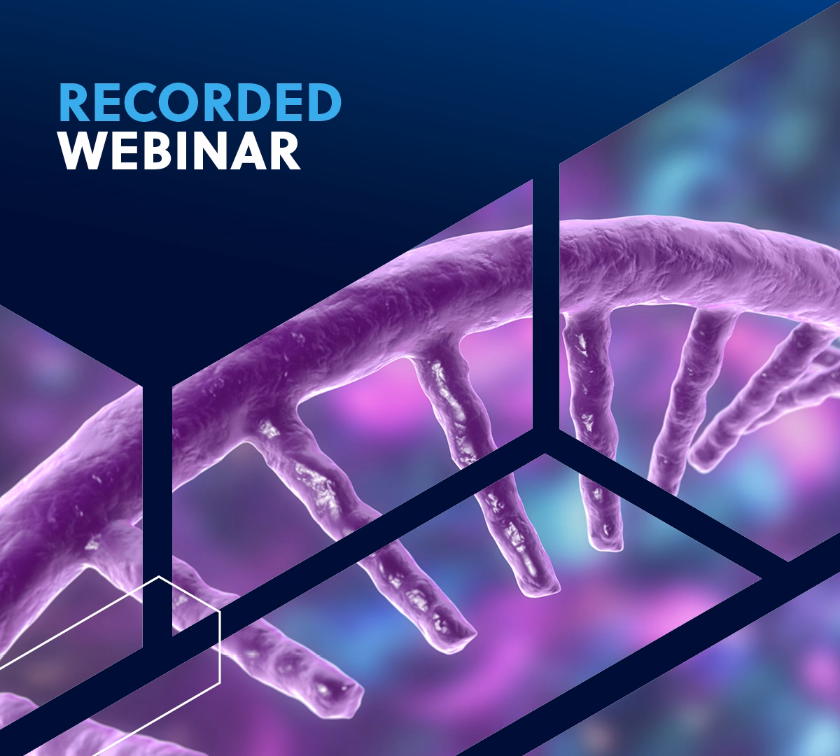 Recorded webinar card with purple chromosomes on dark blue hexagons.
