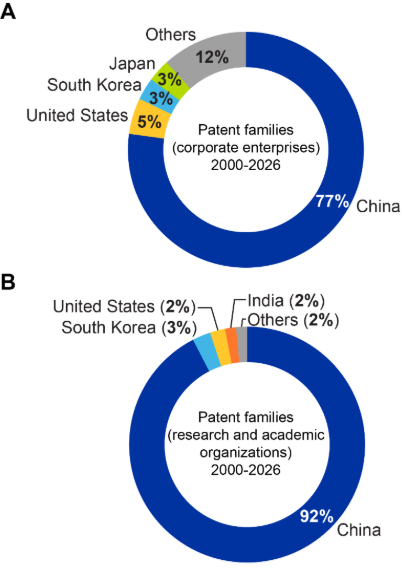 Two charts breaking down nanozyme patents by geography. Research and academic organizations account for the large majority of filings and corporate enterprises for a small share. In both panels China holds the leading position by a wide margin, with other countries contributing comparatively small numbers.