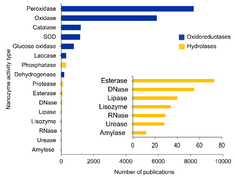 Panel A plots publication trends for nanozyme activity types; peroxidase and oxidase dominate, while catalase and superoxide dismutase (SOD) mimics trail well behind. Panel B is a heatmap of materials (rows) against activities (columns), where darker cells mark higher publication counts. The strongest cells cluster in the peroxidase and oxidase columns across gold, iron, copper, manganese oxide, carbon, and MOFs; catalase and SOD cells are consistently lighter.