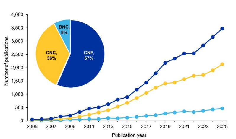 Figure 2: Line chart comparing the three nanocellulose types by publication year, 2005 to 2025. Cellulose nanofibrils (CNF) rise fastest and finish highest. Cellulose nanocrystals (CNC) follow the same upward path at roughly two-thirds the level. Bacterial nanocellulose (BNC) climbs gradually and stays well below both. An inset pie shows CNF at 57 percent, CNC at 36 percent, and BNC at 8 percent.
