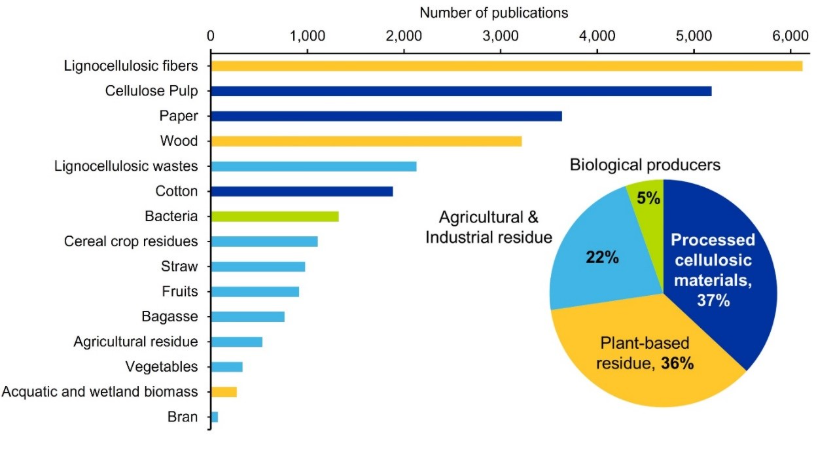Figure 3: Horizontal bar chart ranking nanocellulose feedstocks by category. Lignocellulosic fibers rank highest, followed by cellulose pulp, paper, and wood. Lignocellulosic wastes, cotton, and bacteria sit mid-range, while cereal crop residues, straw, fruits, bagasse, vegetables, and bran trail behind. An inset pie splits the categories: processed cellulosic materials 37 percent, plant-based residue 36 percent, agricultural and industrial residue 22 percent, biological producers 5 percent.