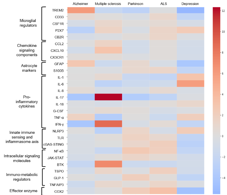 Figure 5: A heatmap of standardized residuals showing how strongly 28 neuroinflammation targets associate with Alzheimer's disease, multiple sclerosis, Parkinson's disease, ALS, and depression. Red cells mark stronger-than-expected associations, blue cells weaker ones. The strongest signal by a wide margin is IL-17 in multiple sclerosis, followed by IFN-gamma and BTK. TREM2 and GFAP stand out in Alzheimer's disease, IL-6 and IL-1 in depression, and GLP-1 in Parkinson's disease.