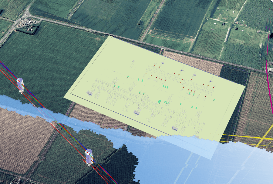 National Grid substation designs visualised over LiDAR data alongside constraints.
