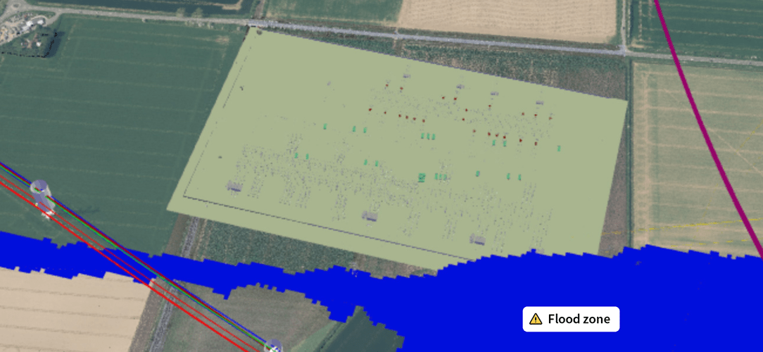 Substation designs visualised over National Grid LiDAR data alongside constraints.