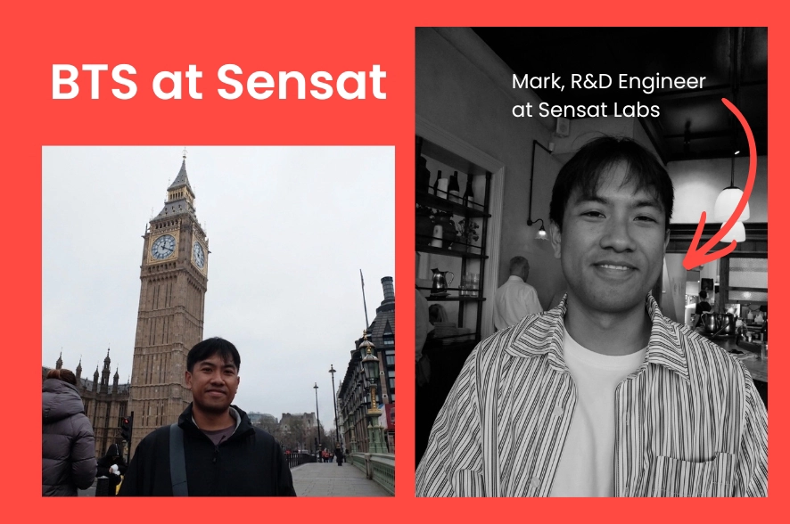 A two-panel graphic on a bright red background. The left side features a color photograph of Mark, R&D Engineer, Sensat Labs smiling in front of Big Ben in London under with text "BTS at Sensat" above it. The right side features a black-and-white image of Mark, with text that reads "Mark, R&D Engineer at Sensat Labs" and a red arrow pointing toward him.