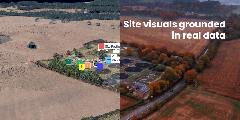 Image showing Sensat project visualisation on the left hand side and the Snapshot output on the right hand side. With copy: Site visuals grounded in real data.
