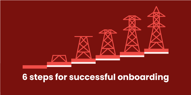 Six steps rising left to right, each with a taller electricity pylon, illustrating the 6 steps for successful software onboarding on infrastructure projects.