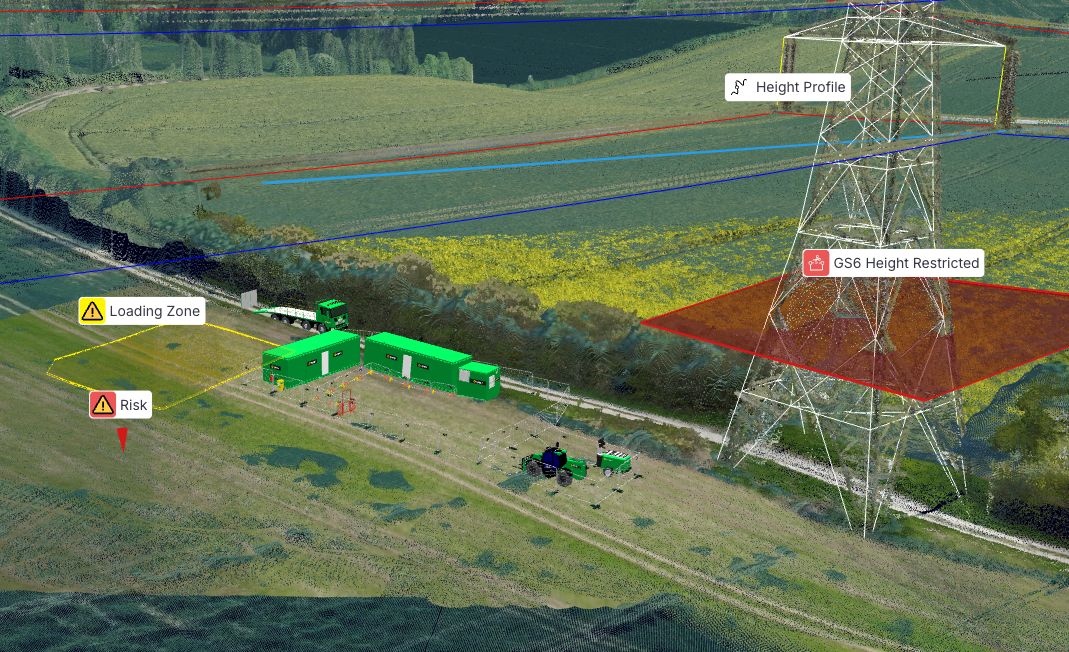 Sensat screenshot of a site compound beside an electricity pylon, with a loading zone, risk marker and height-restricted zone under overhead power lines.