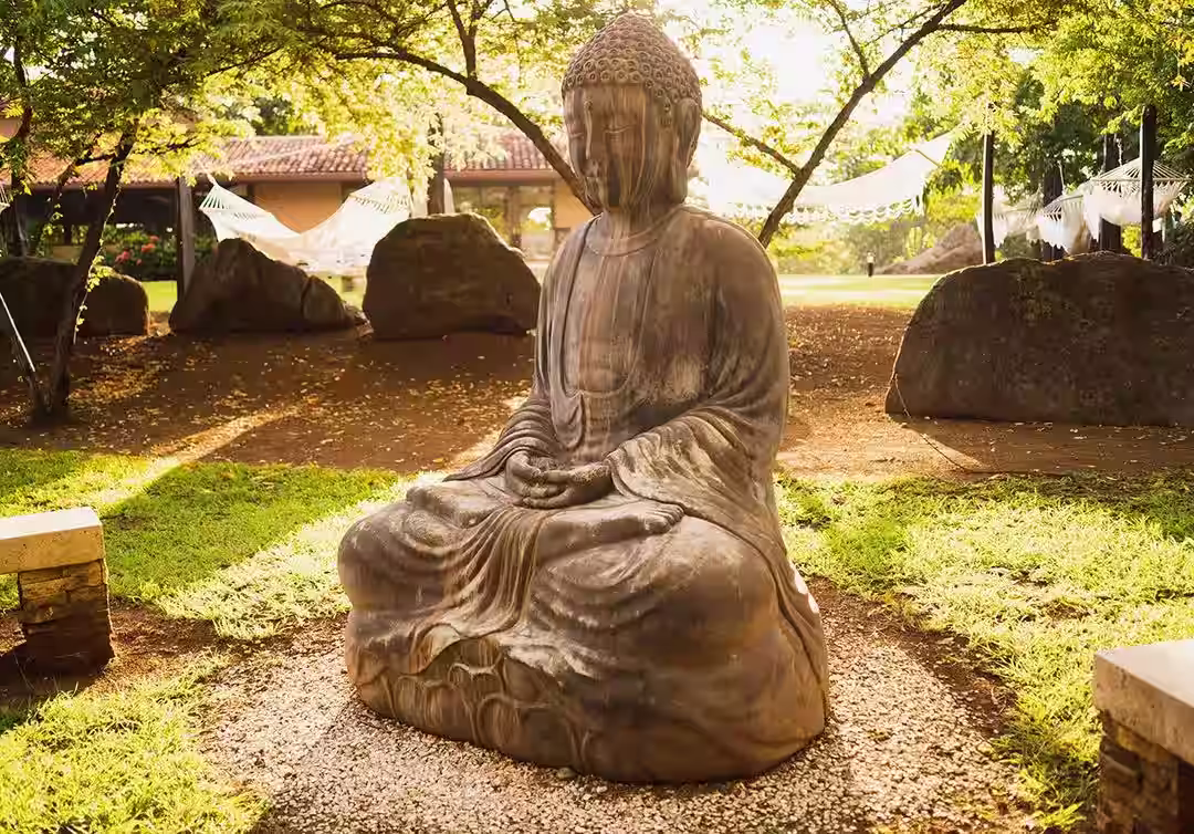 Buddha statue in the gardens at Rythmia