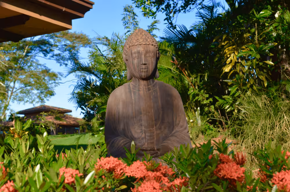 A larger-than-life sized statue of Buddah is surrounded by beautiful flowers on the grounds at Rythmia.