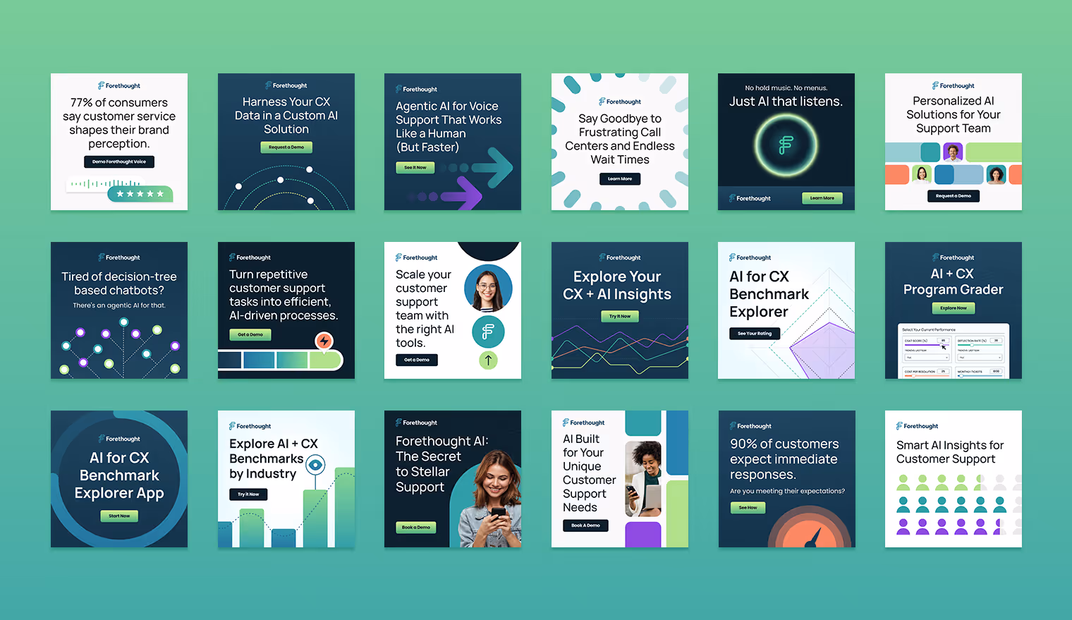 A compilation of 18 digital advertisements promoting Forethought AI's services for social media.