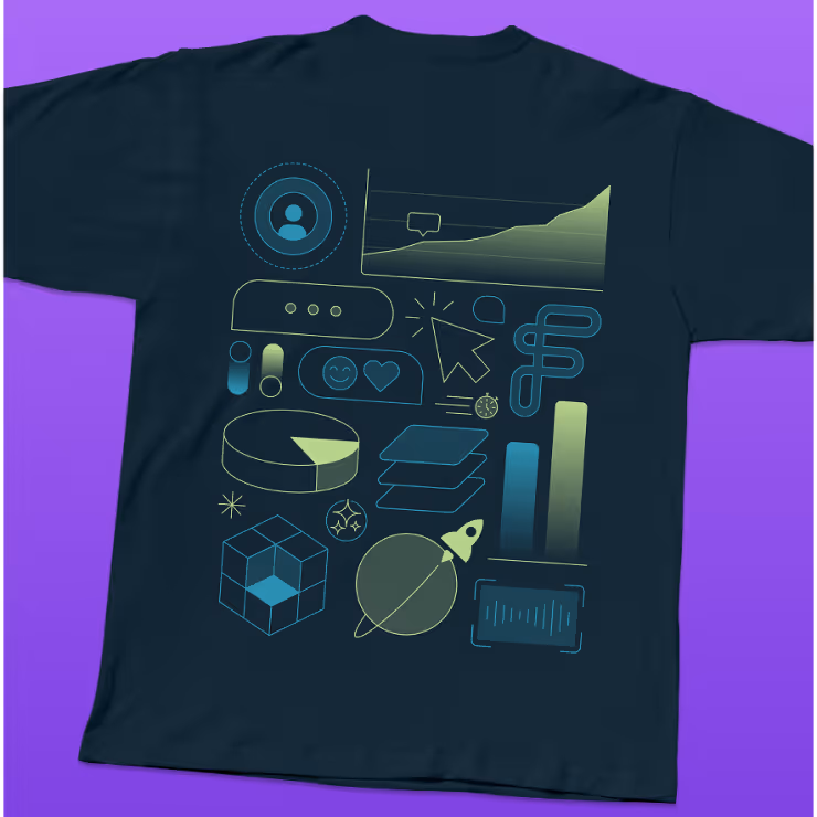 T-shirt graphic of brand values and common AI symbols abstracted into a modular image.