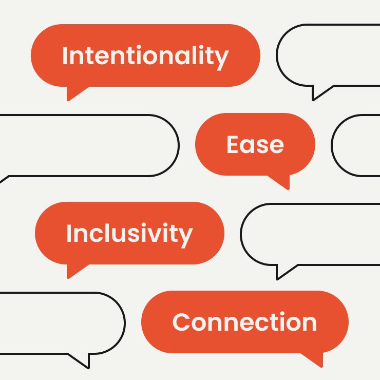 Speech bubbles highlighting key values of the Hello, Stranger brand: Intentionality, Ease, Inclusivity, and Connection.