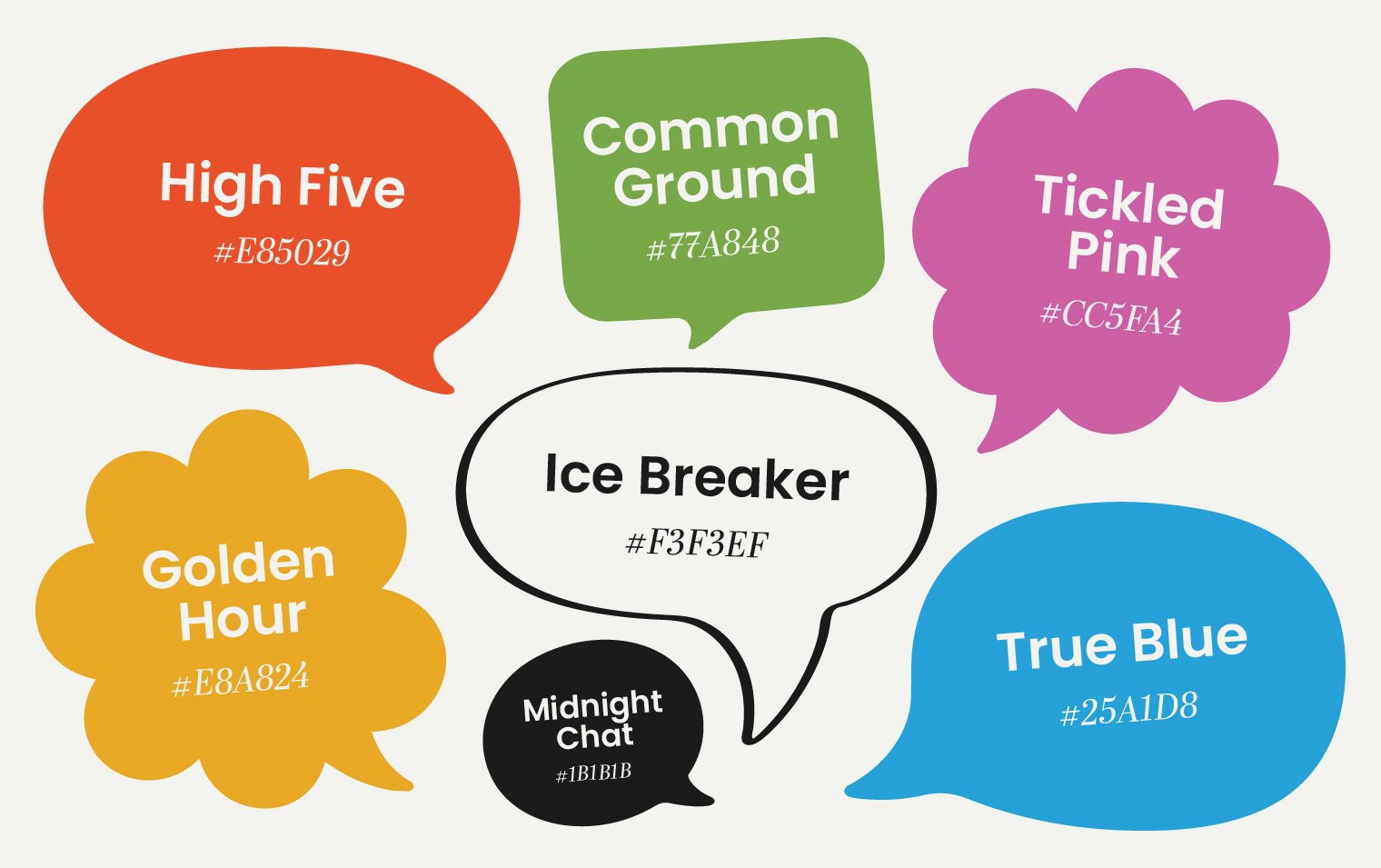 Speech bubbles with brand colour hex codes and names.