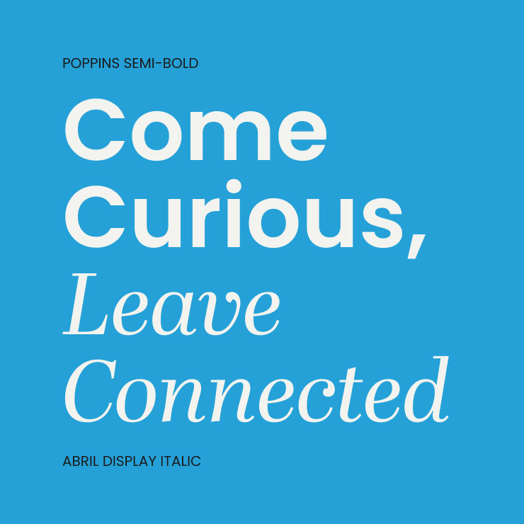 Brand typefaces alongside the brand's slogan: Come Curious, Leave Connected.