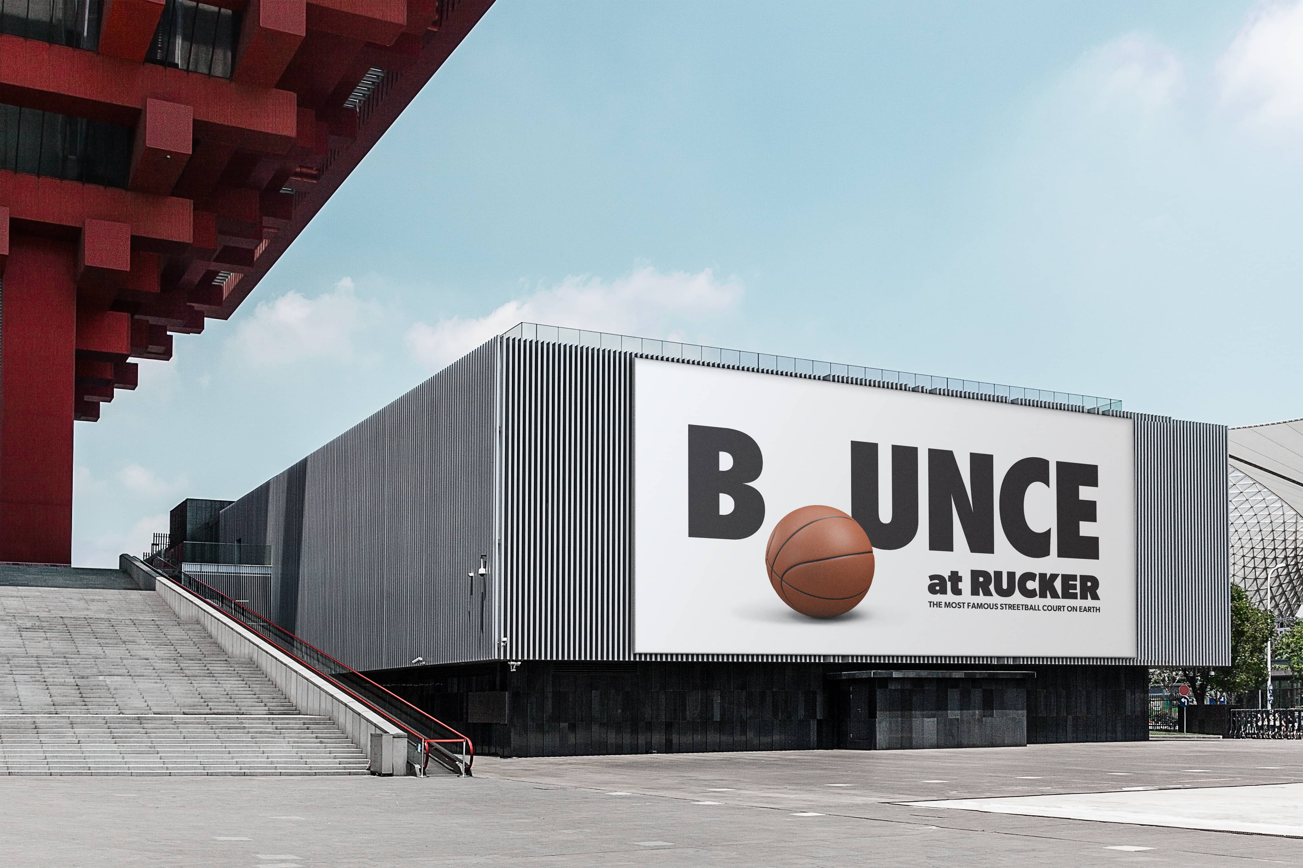 Signage with the Bounce logo, basketball integrated in the typography.